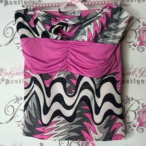 Party 21 strapless shiny Pink and Black Ruched Sleeve Blouse y2k brand new tags